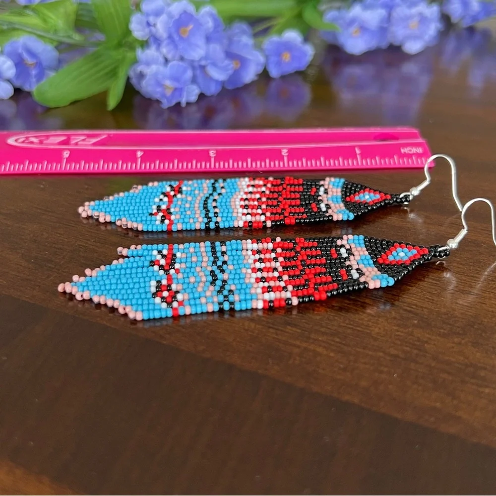 BOHO‎ Seed Bead Fringe Earrings Black Blue Red Native American Style Handmade